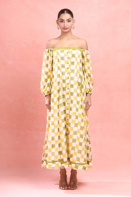 Buy_Taro_Multi Color Cotton Square Neck Checks Button Down Maxi Dress_Online_at_Aza_Fashions