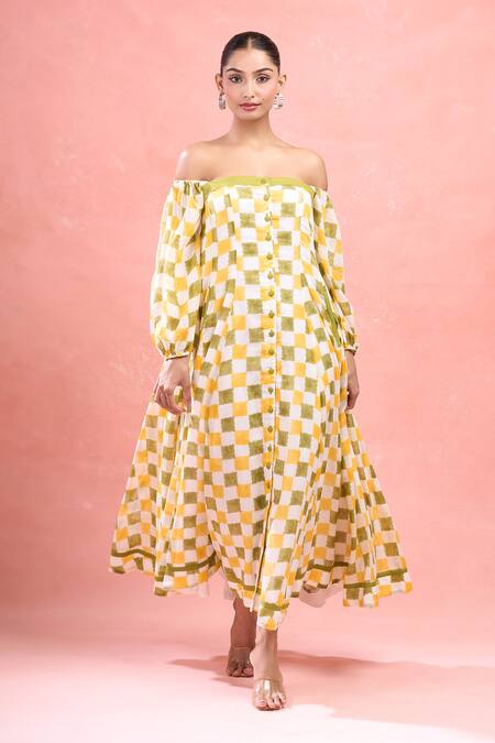 Shop_Taro_Multi Color Cotton Square Neck Checks Button Down Maxi Dress_Online_at_Aza_Fashions