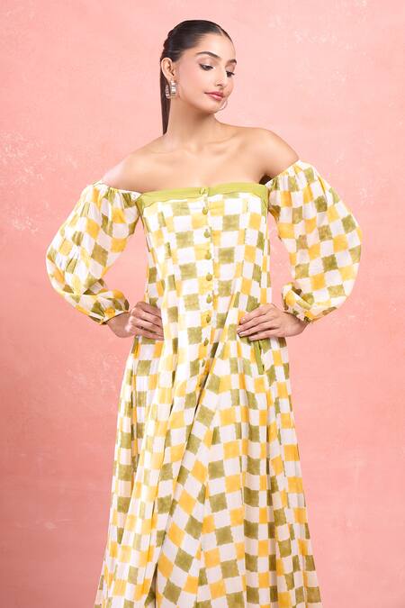 Taro_Multi Color Cotton Square Neck Checks Button Down Maxi Dress_at_Aza_Fashions