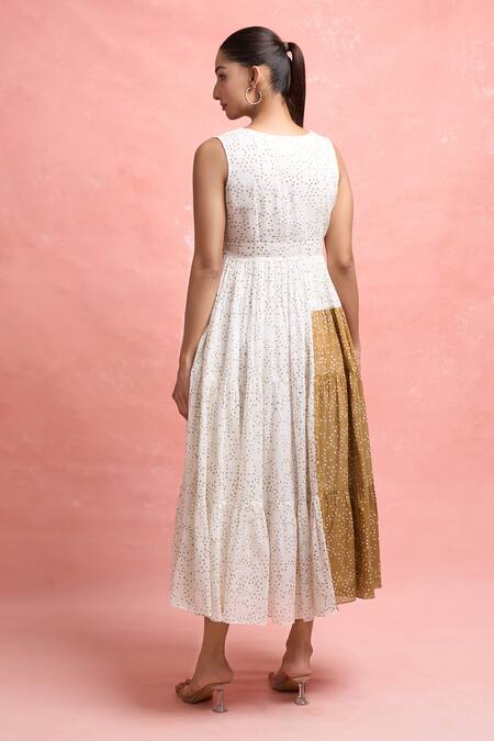 Shop Taro White Cotton V-neck Scalloped V Confetti Dot Midi Dress at Aza Fashions Shop_Taro_White Cotton V-neck Scalloped V Confetti Dot Midi Dress_at_Aza_Fashions