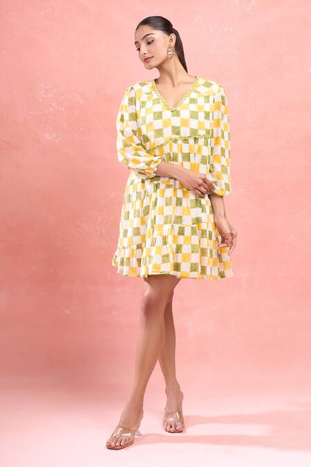 Buy_Taro_Multi Color Cotton V-neck Checkered Tiered Dress_Online_at_Aza_Fashions