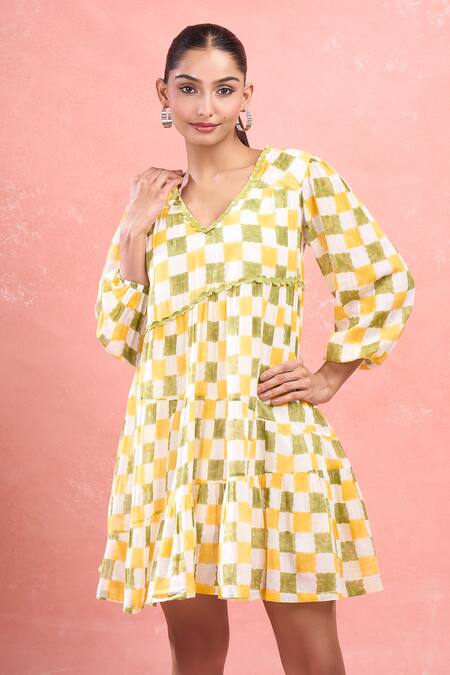 Shop_Taro_Multi Color Cotton V-neck Checkered Tiered Dress_Online_at_Aza_Fashions