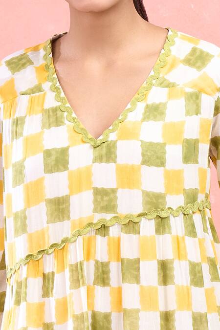 Taro_Multi Color Cotton V-neck Checkered Tiered Dress_at_Aza_Fashions