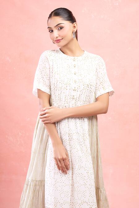 Taro_White Cotton Round Neck Mossy Mist Confetti Dot Midi Dress_Online_at_Aza_Fashions