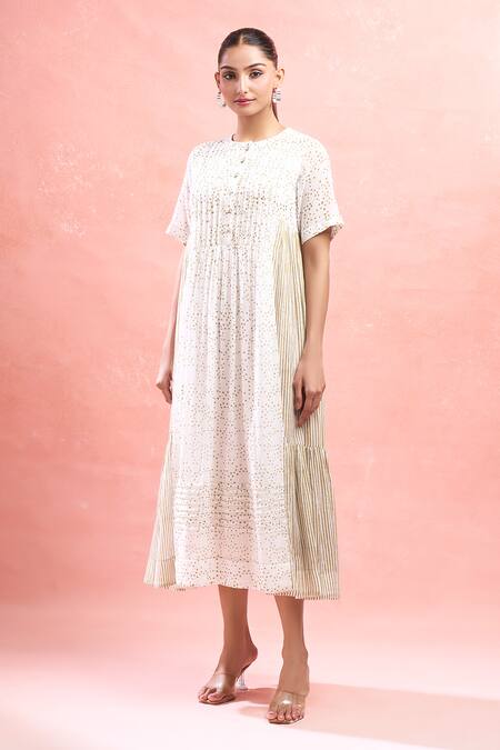 Buy_Taro_White Cotton Round Neck Mossy Mist Confetti Dot Midi Dress_Online_at_Aza_Fashions