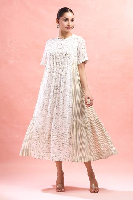 Shop_Taro_White Cotton Round Neck Mossy Mist Confetti Dot Midi Dress_Online_at_Aza_Fashions