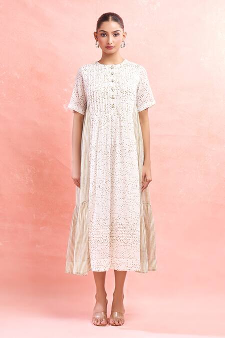 Taro_White Cotton Round Neck Mossy Mist Confetti Dot Midi Dress_at_Aza_Fashions