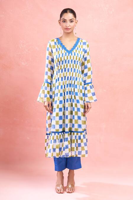 Buy_Taro_Multi Color Cotton V-neck Cloudburst Plaid Kurta Set_Online_at_Aza_Fashions