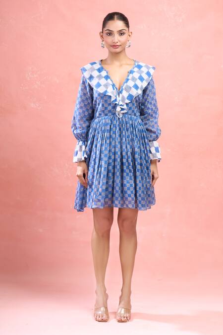 Taro_Multi Color Cotton Scoop Neck Harlequin Collar Dress_Online_at_Aza_Fashions