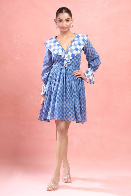 Taro_Multi Color Cotton Scoop Neck Harlequin Collar Dress_at_Aza_Fashions