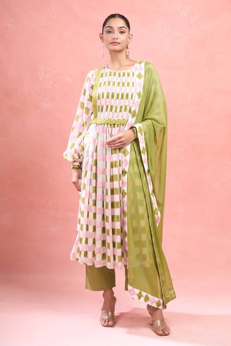 Buy_Taro_Multi Color Cotton Round Neck Plaid Kurta Set_Online_at_Aza_Fashions