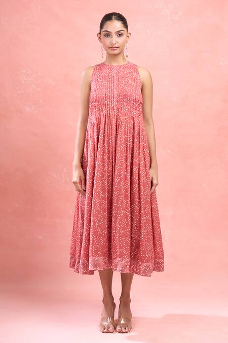 Taro_Red Cotton Halter Neck Confetti Dot Print Midi Dress_Online_at_Aza_Fashions