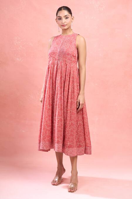 Buy_Taro_Red Cotton Halter Neck Confetti Dot Print Midi Dress_Online_at_Aza_Fashions