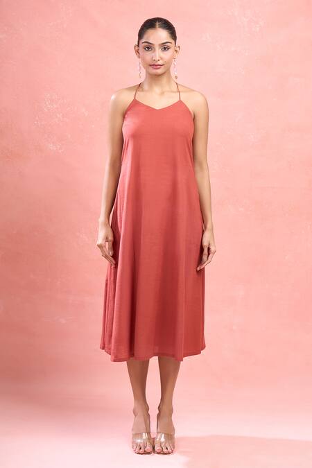 Taro_Red Cotton Halter Neck Confetti Dot Print Midi Dress_at_Aza_Fashions