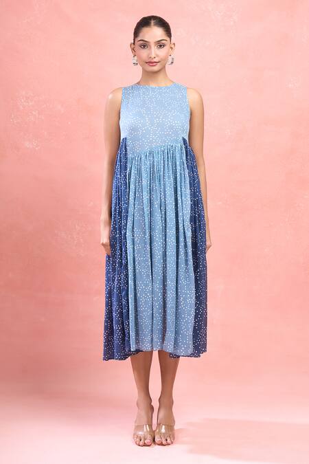 Taro_Blue Cotton Round Neck Dual Tone Confetti Dot Midi Dress_Online_at_Aza_Fashions