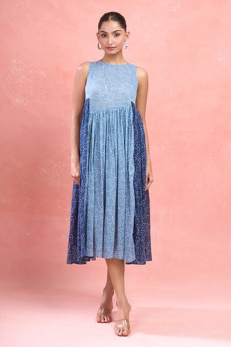 Buy_Taro_Blue Cotton Round Neck Dual Tone Confetti Dot Midi Dress_Online_at_Aza_Fashions