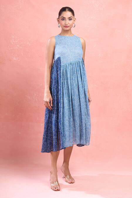 Shop_Taro_Blue Cotton Round Neck Dual Tone Confetti Dot Midi Dress_Online_at_Aza_Fashions