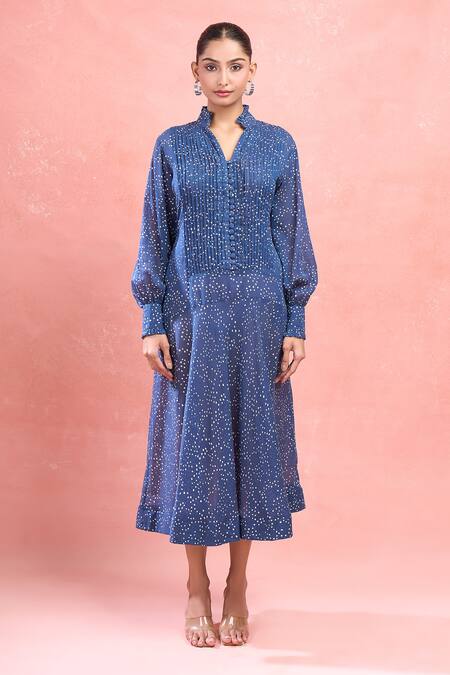 Taro_Blue Cotton V-neck Confetti Dot Midi Dress_Online_at_Aza_Fashions