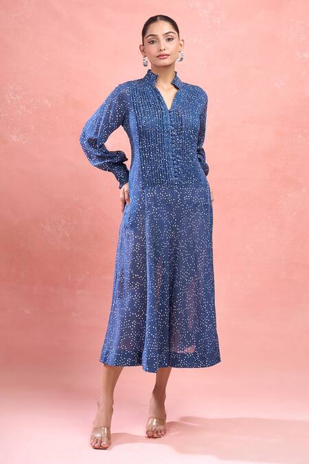 Buy_Taro_Blue Cotton V-neck Confetti Dot Midi Dress_Online_at_Aza_Fashions
