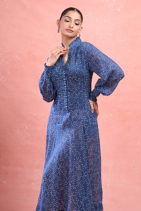 Shop_Taro_Blue Cotton V-neck Confetti Dot Midi Dress_Online_at_Aza_Fashions