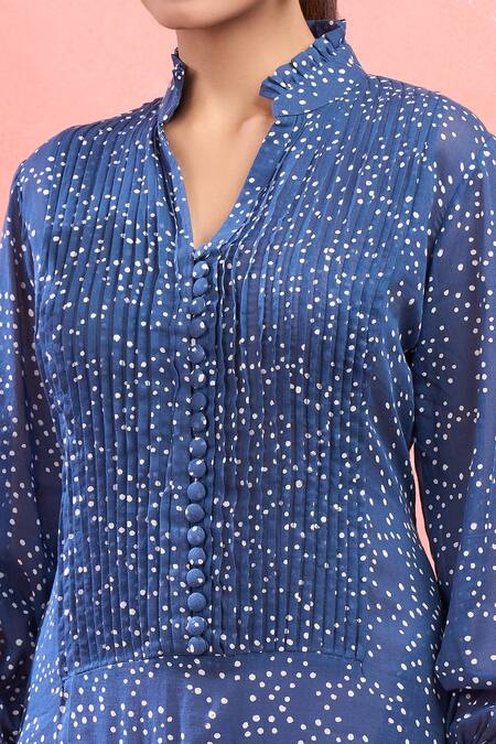 Taro_Blue Cotton V-neck Confetti Dot Midi Dress_at_Aza_Fashions