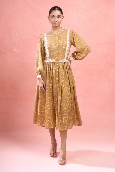 Taro_Tan Cotton Round Neck Confetti Dot Yellow Midi Dress_Online_at_Aza_Fashions