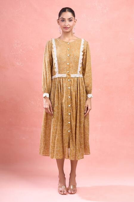 Buy_Taro_Tan Cotton Round Neck Confetti Dot Yellow Midi Dress_Online_at_Aza_Fashions
