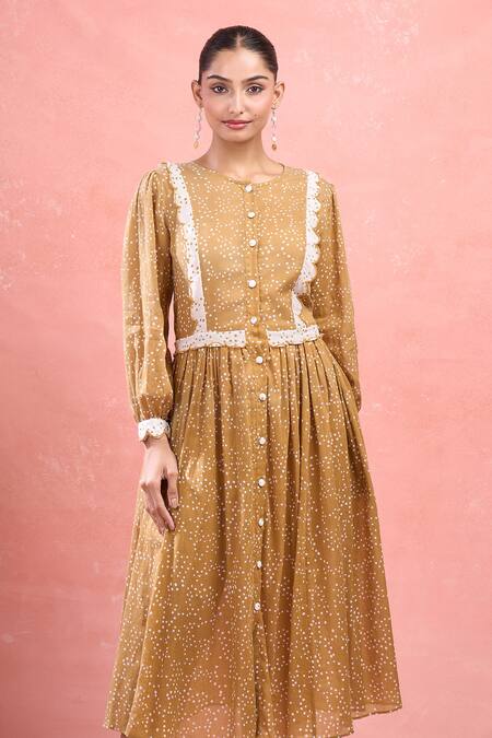 Shop_Taro_Tan Cotton Round Neck Confetti Dot Yellow Midi Dress_Online_at_Aza_Fashions