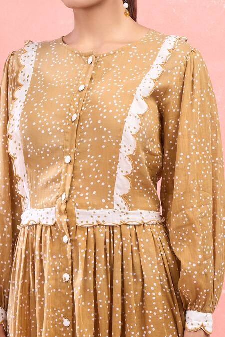 Taro_Tan Cotton Round Neck Confetti Dot Yellow Midi Dress_at_Aza_Fashions