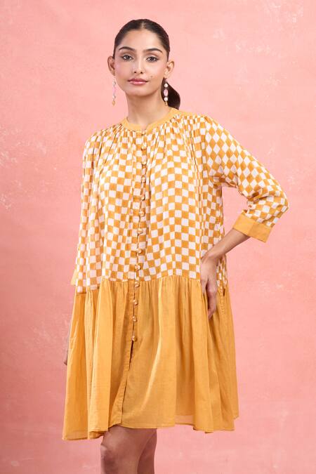 Taro_Orange , Satin Round Neck Button Down Check Dress_Online_at_Aza_Fashions