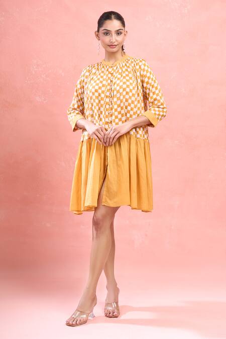 Shop_Taro_Orange , Satin Round Neck Button Down Check Dress_Online_at_Aza_Fashions