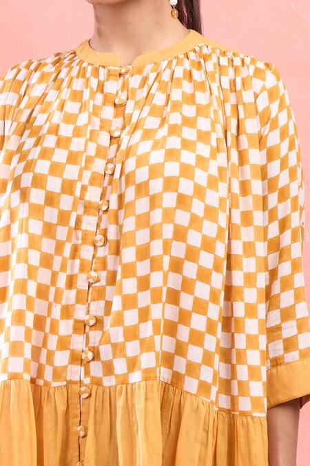 Taro_Orange , Satin Round Neck Button Down Check Dress_at_Aza_Fashions