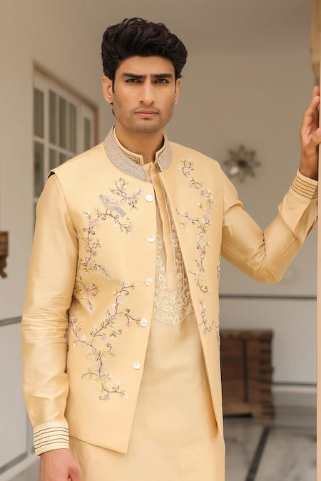 Label Niti Bothra Beige Thread Embroidered Bandi Kurta Set 