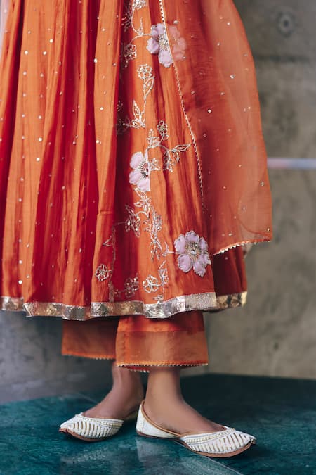 Label Nimbus_Orange Chanderi, Cotton Satin, Organza Gota Patti, Burnt Hand Anarkali Set _Online_at_Aza_Fashions