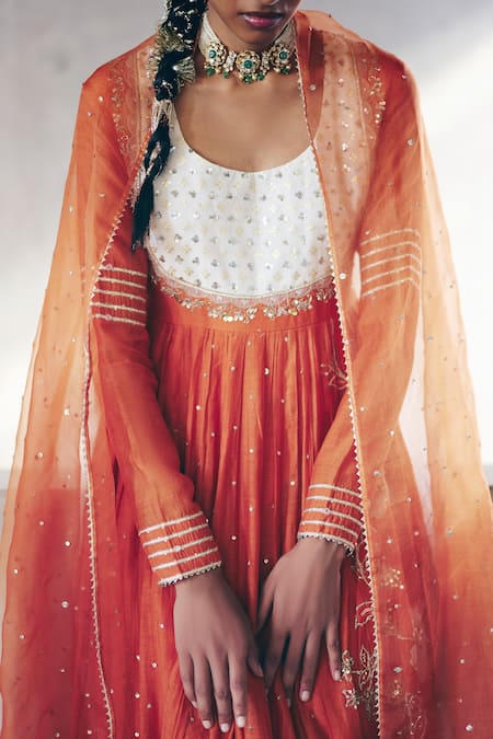 Buy_Label Nimbus_Orange Chanderi, Cotton Satin, Organza Gota Patti, Burnt Hand Anarkali Set _Online_at_Aza_Fashions