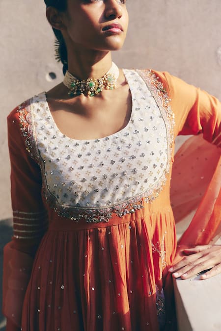 Shop_Label Nimbus_Orange Chanderi, Cotton Satin, Organza Gota Patti, Burnt Hand Anarkali Set _Online_at_Aza_Fashions