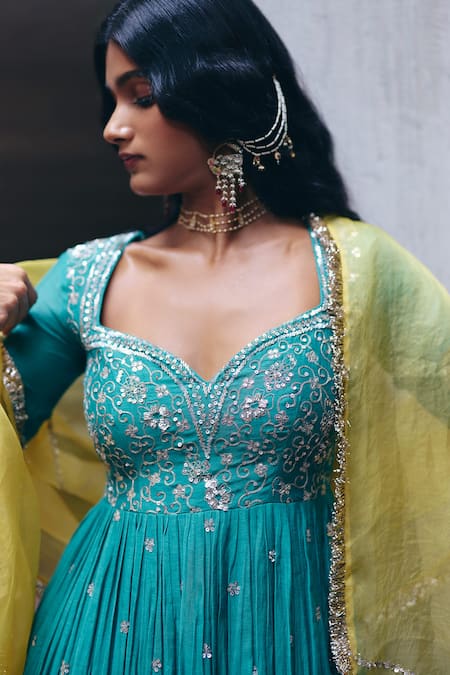 Label Nimbus Bottle Green Chanderi Anarkali Set 