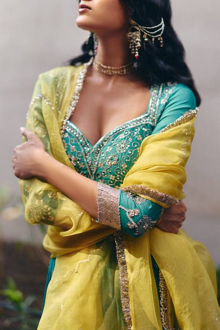 Buy_Label Nimbus_Green Chanderi, Organza Beads, Gota Patti Round Neck Bottle Anarkali Set _Online_at_Aza_Fashions