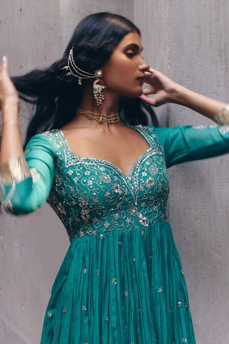 Shop_Label Nimbus_Green Chanderi, Organza Beads, Gota Patti Round Neck Bottle Anarkali Set _Online_at_Aza_Fashions