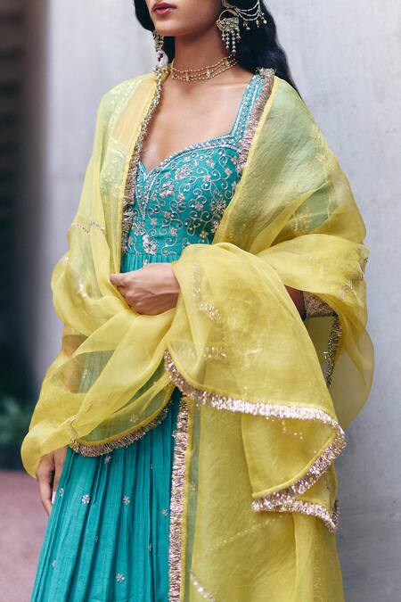 Label Nimbus_Green Chanderi, Organza Beads, Gota Patti Round Neck Bottle Anarkali Set _at_Aza_Fashions