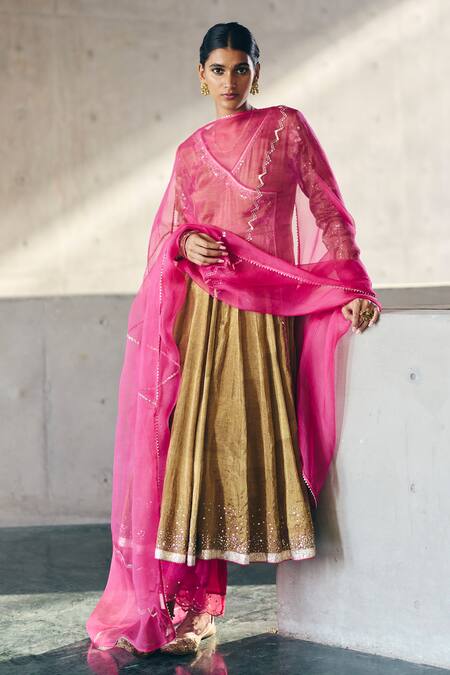 Label Nimbus_Brown Tissue, Cotton Satin, Organza Bronze Anarkali Set With Rani Pink Pants _Online_at_Aza_Fashions