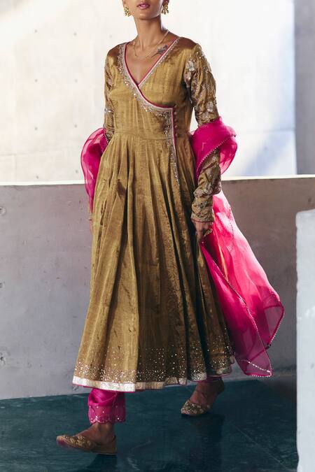 Buy_Label Nimbus_Brown Tissue, Cotton Satin, Organza Bronze Anarkali Set With Rani Pink Pants _Online_at_Aza_Fashions