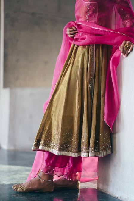 Shop_Label Nimbus_Brown Tissue, Cotton Satin, Organza Bronze Anarkali Set With Rani Pink Pants _Online_at_Aza_Fashions