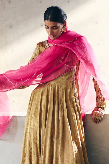 Label Nimbus_Brown Tissue, Cotton Satin, Organza Bronze Anarkali Set With Rani Pink Pants _at_Aza_Fashions