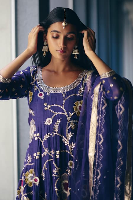 Buy_Label Nimbus_Blue Chanderi, Cotton, Organza Embroidery, Gota Patti Round Iris Anarkali Set _Online_at_Aza_Fashions