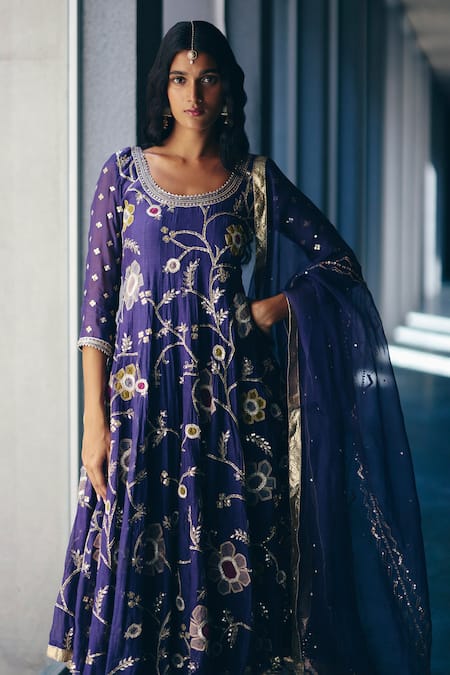 Shop_Label Nimbus_Blue Chanderi, Cotton, Organza Embroidery, Gota Patti Round Iris Anarkali Set _Online_at_Aza_Fashions