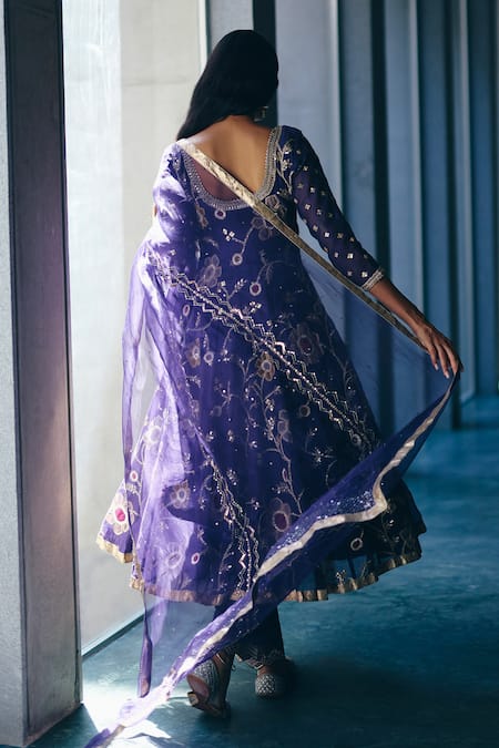 Label Nimbus Iris Blue Chanderi Anarkali Set 