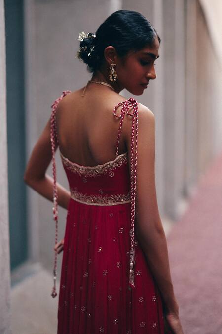 Label Nimbus_Red Chiffon, Lycra, Organza Embroidery, Sequins, Gota Patti Hand Anarkali Set _Online_at_Aza_Fashions