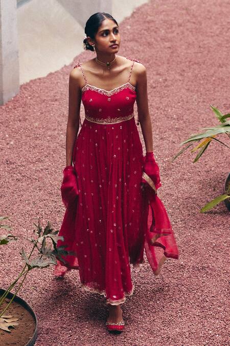 Buy_Label Nimbus_Red Chiffon, Lycra, Organza Embroidery, Sequins, Gota Patti Hand Anarkali Set _Online_at_Aza_Fashions