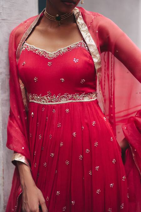 Shop_Label Nimbus_Red Chiffon, Lycra, Organza Embroidery, Sequins, Gota Patti Hand Anarkali Set _Online_at_Aza_Fashions